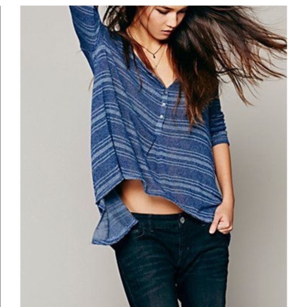 Free People We The Free Slinky Hacci Henley Blue Striped Button Top Knit Sweater - Picture 2 of 7